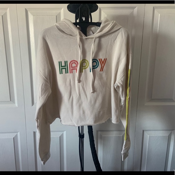 Cream Graphic Crop Hoodie with Long Sleeves - Picture 1 of 11